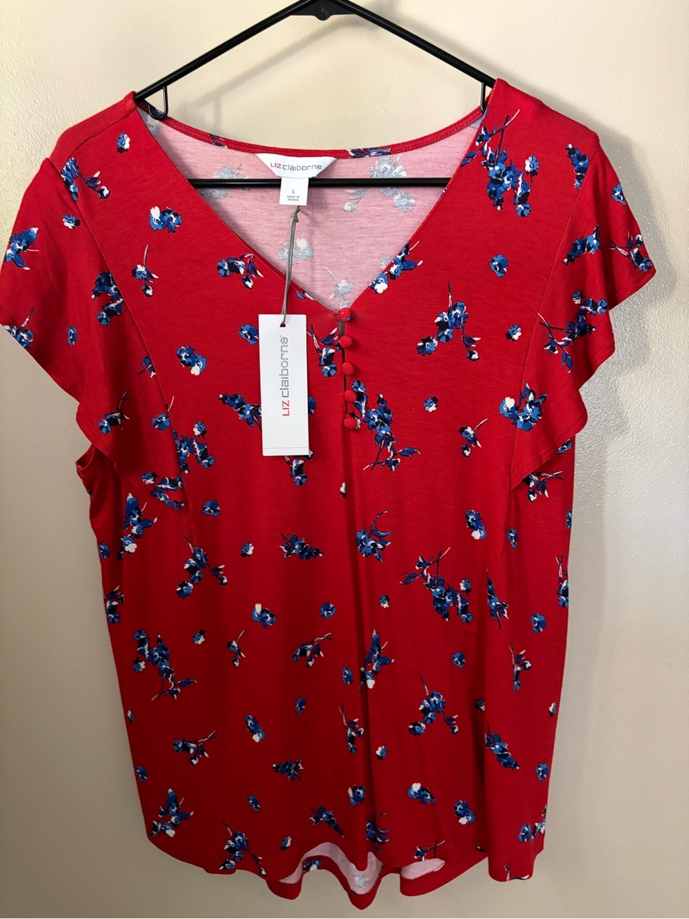 Liz Claiborne Red Short Sleeve V-Neck Top with Blue Floral Print